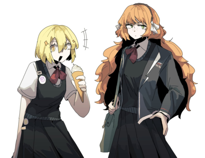 2girls black_jacket black_skirt blonde_hair bow bowtie brown_sweater_vest collared_shirt cowboy_shot don_quixote_(project_moon) food freckles gree_n green_eyes ice_cream ishmael_(project_moon) jacket limbus_company long_hair looking_at_viewer multiple_girls open_mouth orange_hair project_moon red_bow red_bowtie school_uniform shirt short_sleeves simple_background skirt smile sweater_vest very_long_hair white_background white_shirt yellow_eyes