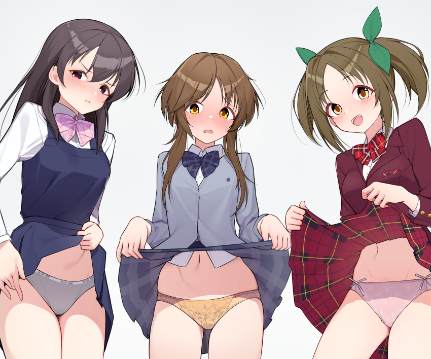 3girls absurdres blue_dress blush bow bowtie brown_hair closed_mouth clothes_lift collared_shirt dress fujiwara_hajime green_bow grey_jacket grey_panties hair_bow highres idolmaster idolmaster_cinderella_girls imai_kana jacket lifted_by_self long_sleeves looking_at_viewer medium_hair multiple_girls navel oekaki_machine open_mouth panties pinafore_dress pink_bow pink_bowtie pink_eyes pink_panties plaid plaid_bow plaid_bowtie plaid_skirt pleated_skirt red_jacket school_uniform shirt short_dress short_hair sidelocks simple_background skirt skirt_lift sleeveless sleeveless_dress takamori_aiko teeth thighs twintails underwear upper_teeth_only white_background white_shirt yellow_eyes yellow_panties