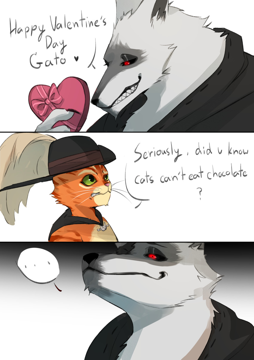 &lt;3 absurd_res anthro canid canine canis cape claws clothing comic concern confusion death_(puss_in_boots) dialogue domestic_cat dreamworks duo facial_markings fagon_k8877 felid feline felis fur gift green_eyes grin half-closed_eyes hat head_markings headgear headwear hi_res holding_object holidays looking_at_another male male/male mammal markings mask_(marking) narrowed_eyes orange_body orange_fur poncho puss_in_boots_(character) puss_in_boots_(dreamworks) red_eyes showing_teeth simple_background smile valentine's_day white_background white_body white_fur wolf