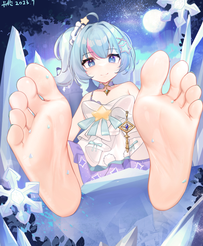 1girl ahoge aqua_nails armpit_crease bare_shoulders barefoot blue_eyes blue_hair blush character_request choker closed_mouth collarbone copyright_request crystal dated dress eyelashes feet foot_focus hair_intakes highres kalun_(fwme3378) long_hair looking_at_viewer multicolored_hair nail_polish outdoors paid_reward_available purple_choker purple_dress short_dress side_ponytail single_strap sitting smile soles solo star-shaped_pupils star_(symbol) streaked_hair symbol-shaped_pupils toenail_polish toenails toes white_dress