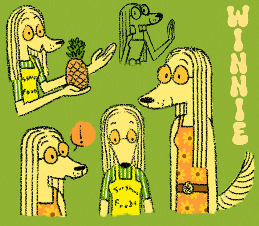 2024 4_fingers afghan_hound anthro apron belt belt_buckle black_nose blonde_hair brown_belt canid canine canis clerk clothed clothing colored digital_drawing_(artwork) digital_media_(artwork) domestic_dog dress exclamation_point eyebrows eyewear female fingers flat_colors floral_pattern fluffy fluffy_tail food fruit fur gesture glasses green_background greengrizz hair hair_over_shoulder hi_res holding_food holding_fruit holding_object hunting_dog line_art long_hair looking_down mammal open_mouth orange_clothing orange_dress pattern_clothing pattern_shirt pattern_topwear pineapple plant presenting shirt sighthound simple_background smile solo speech_bubble straight_hair striped_clothing striped_shirt striped_topwear stripes tail text text_on_clothing tinted_glasses topwear waving winnie_(greengrizz) yellow_body yellow_fur yellow_tail