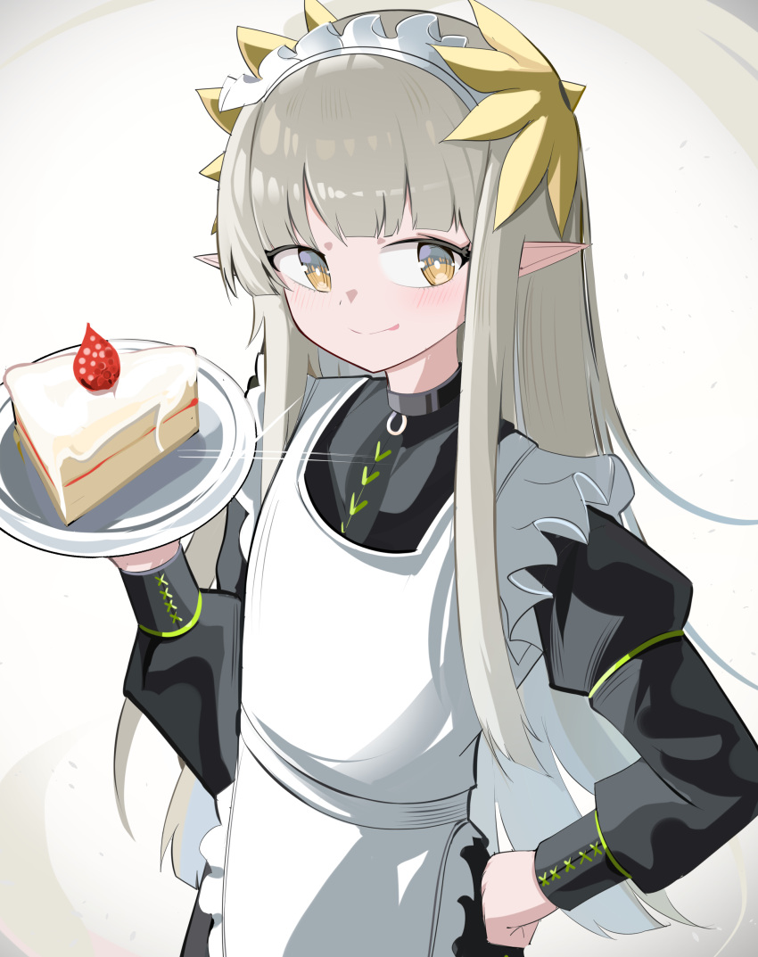 1girl absurdres alternate_costume apron arknights black_dress blush brown_eyes cake cake_slice closed_mouth dress enmaided food frilled_apron frills fruit grey_hair hand_on_own_hip hand_up highres holding holding_plate juliet_sleeves licking_lips long_hair long_sleeves maid maid_apron maid_headdress muelsyse_(arknights) plate pointy_ears puffy_sleeves smile solo spam_(spamham4506) strawberry tongue tongue_out very_long_hair white_apron