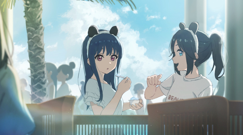 2boys 3others 4girls :d animal_ear_hairband animal_ears black_hair blue_eyes blue_hair blue_sky blurry blurry_background breasts chair clothes_writing cloud cumulonimbus_cloud cup day depth_of_field fake_animal_ears food hairband hibike!_euphonium highres holding holding_cup holding_spoon kasaki_nozomi lens_flare light_particles long_hair looking_at_viewer multiple_boys multiple_girls multiple_others open_mouth outdoors palm_tree people ponytail profile purple_eyes railing raku_rakugaki shaved_ice shirt sidelocks sitting sky small_breasts smile spoon teeth tree upper_body upper_teeth_only white_hairband white_shirt yoroizuka_mizore
