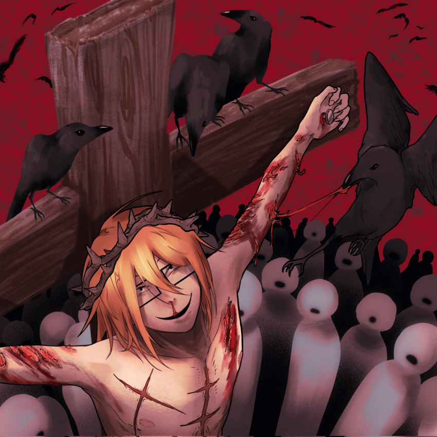 1boy bird black_eyes bleeding blood commentary completely_nude constricted_pupils corrupted_twitter_file cross crow crowd crown_of_thorns crucifixion cuts english_commentary faceless glasses guro hair_between_eyes head_tilt highres injury k.d._(kd_killerdos) looking_at_viewer looking_up male_focus medium_hair nosebleed nude open_mouth orange_hair outstretched_arms randal's_friends randal_ivory red_sky scar scar_on_chest sky smile spread_arms upper_body