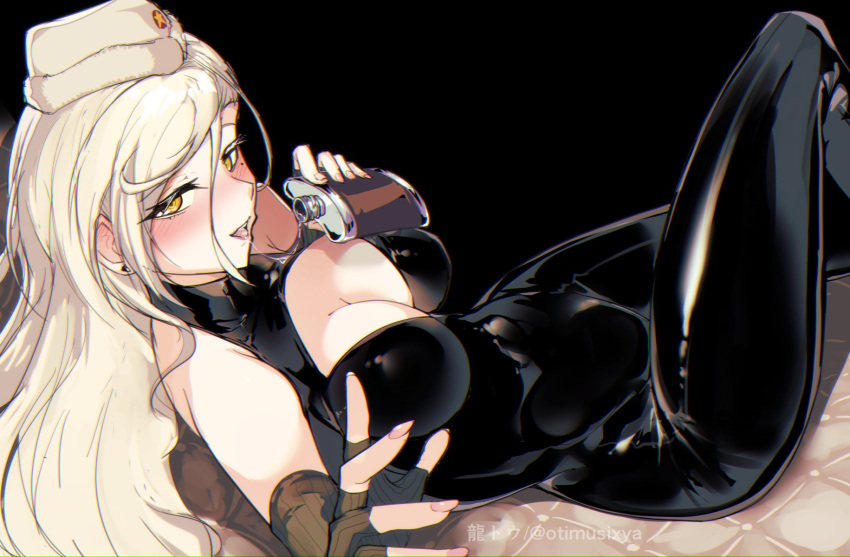 1girl a-91_(girls'_frontline) black_background black_bodysuit blonde_hair blush bodysuit breast_cutout breasts closed_mouth ear_piercing flask girls'_frontline hat highres holding holding_flask looking_at_viewer lying mole mole_under_eye parted_lips piercing pink_nails ryuu_tou saliva saliva_trail smile solo twitter_username yellow_eyes