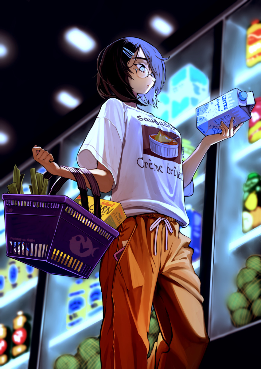 1girl absurdres bag baggy_clothes black_hair blue_eyes breasts casual cereal_box clip_studio_paint_(medium) commentary_request drawstring eudetenis eyebrow_piercing food french_text glasses groceries hair_ornament hair_over_one_eye hairclip highres holding kellogg's medium_breasts messy_hair milk_carton orange_pants original pants phone_in_pocket piercing print_shirt product_placement rimless_eyewear shirt shopping_bag short_hair solo supermarket sweatpants t-shirt tented_shirt vegetable w_arms