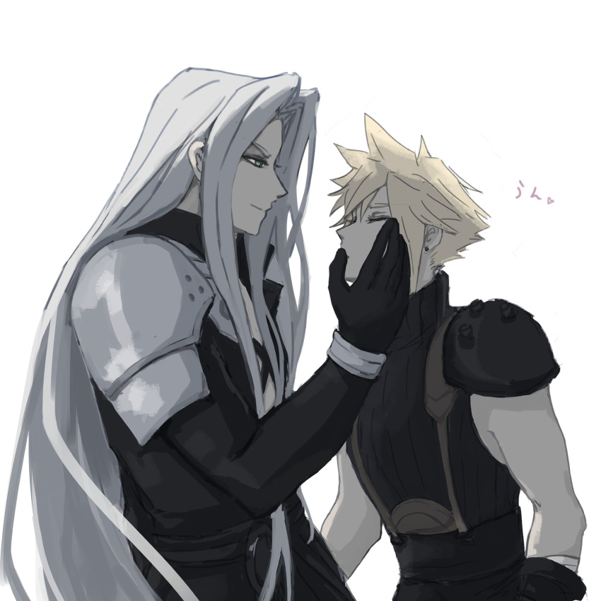 2boys akinahanami1015 armor bandaged_arm bandages belt black_coat black_gloves blonde_hair chest_strap closed_eyes cloud_strife coat commentary earrings final_fantasy final_fantasy_vii finger_to_another's_mouth from_side gloves grey_hair hand_on_another's_cheek hand_on_another's_face hand_up heart high_collar highres jewelry leaning_forward long_bangs long_hair long_sleeves male_focus multiple_boys open_clothes open_coat parted_bangs pauldrons sephiroth short_hair shoulder_armor simple_background single_pauldron sleeveless sleeveless_turtleneck smirk spiked_hair stud_earrings suspenders translated turtleneck upper_body very_long_hair white_background yaoi