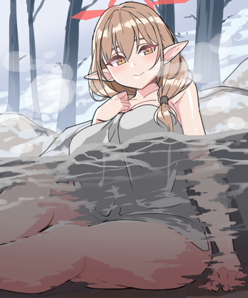 absurdres bathing blue_archive brown_eyes brown_hair chinatsu_(blue_archive) covering_privates halo highres naked_towel nude_cover nya_(73809635) onsen partially_submerged pointy_ears red_halo rock shared_bathing soaking_feet steam towel water wet wet_towel white_towel