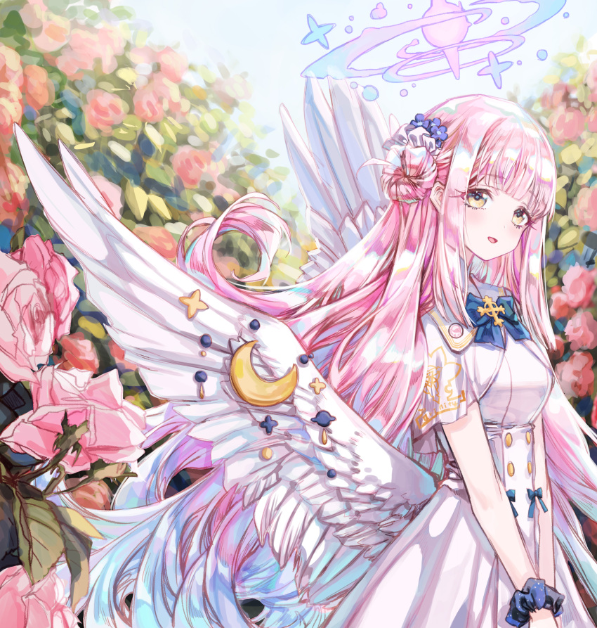 1girl absurdres angel_wings blue_archive blue_scrunchie blush capelet crescent crescent_pin dress feathered_wings flower greatwhite1122 hair_bun hair_flower hair_ornament halo highres long_hair looking_at_viewer mika_(blue_archive) open_mouth pink_flower pink_hair pink_halo purple_flower scrunchie single_side_bun solo white_capelet white_dress white_wings wings wrist_scrunchie yellow_eyes