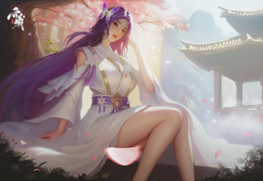 1girl absurdres artist_request bare_legs building butterfly_hair_ornament cherry_blossoms chinese_clothes dress earrings fog hair_ornament head_tilt highres jewelry long_sleeves mountain parted_lips sash second-party_source sitting solo upper_body wanmei_shijie white_dress yun_xi_(wanmei_shijie)