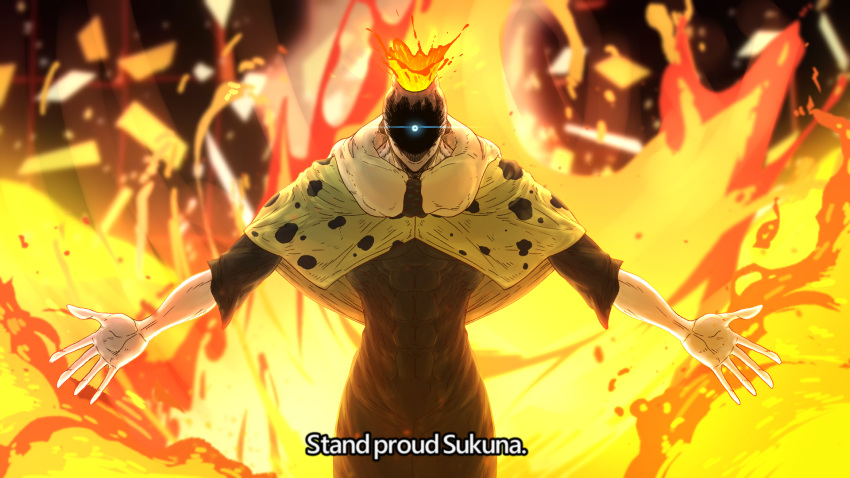 1boy a-pose abs alternate_height colored_skin eruption fire glowing glowing_eye grey_skin grin highres jogo_(jujutsu_kaisen) jujutsu_kaisen lava mirror1107 muscular outstretched_arms shaded_face smile solo splashing spread_arms yellow_cloak