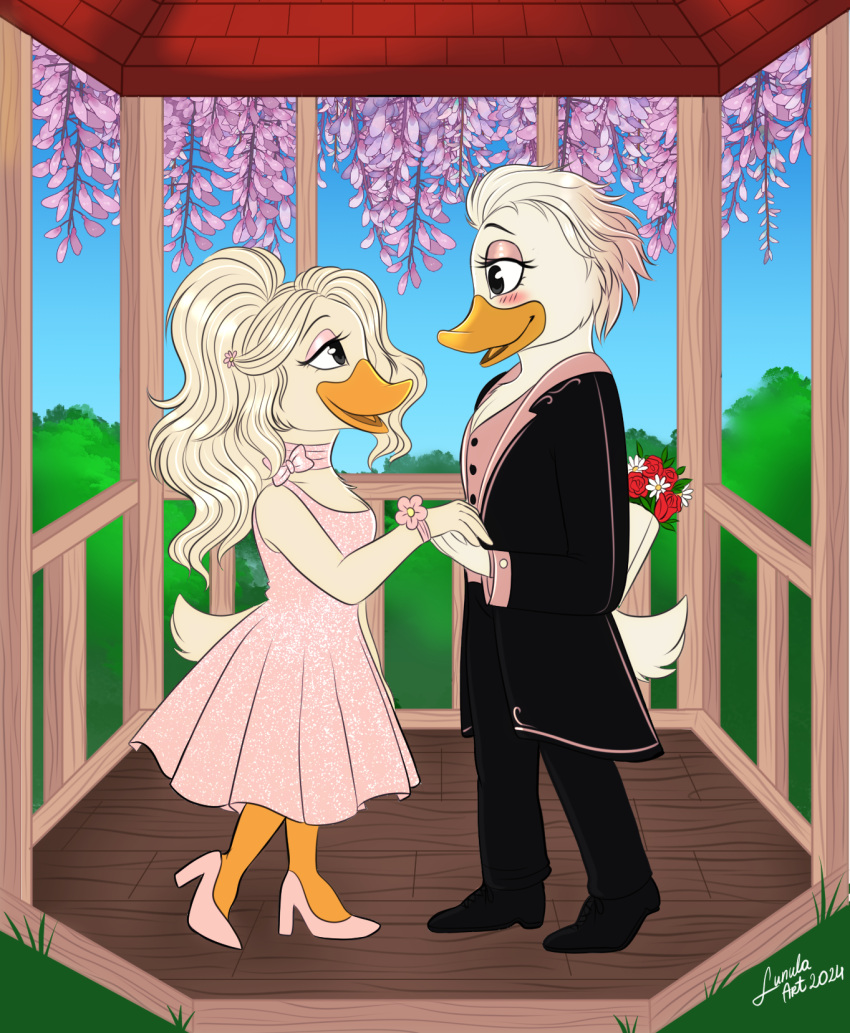 anatid anseriform anthro avian bird blush bouquet canon_couple clothing disney dress_pants dress_shirt dress_shoes duck ducktales ducktales_(2017) duo eye_contact female female/female flower flower_bouquet footwear girly hand_holding hi_res high_heels holidays lena_(ducktales) lena_de_spell lesbian_couple looking_at_another lunula_(artist) plant romantic romantic_couple rose_(flower) shirt suit_jacket tomboy topwear valentine's_day webby_vanderquack