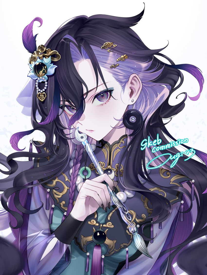 1girl black_hair black_nails breasts chimachi closed_mouth commission dress earrings hair_ornament highres holding holding_paintbrush jewelry long_hair long_sleeves looking_at_viewer medium_breasts multicolored_hair original paid_reward_available paintbrush purple_dress purple_eyes purple_hair simple_background skeb_commission solo upper_body white_background