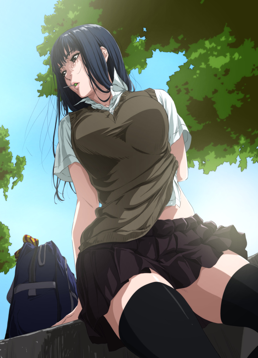 1girl absurdres bag black_hair black_skirt black_thighhighs blue_bag blue_sky breasts brown_sweater_vest candy dutch_angle food highres kakitama lollipop long_hair original outdoors pleated_skirt puffy_short_sleeves puffy_sleeves school_bag school_uniform shirt short_sleeves sitting skirt sky sweater_vest thighhighs thighs tree white_shirt