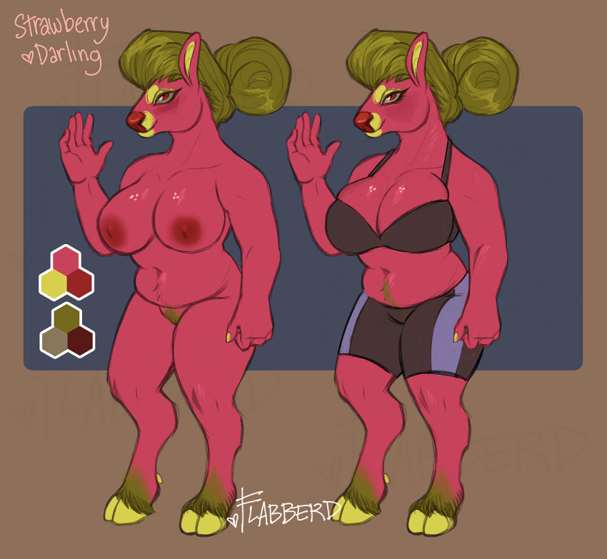 anthro areola big_areola big_breasts breasts cloven_hooves color_swatch deer female flabberd green_hair gym_clothing hair hi_res hooves mammal model_sheet pink_body pudgy_belly solo