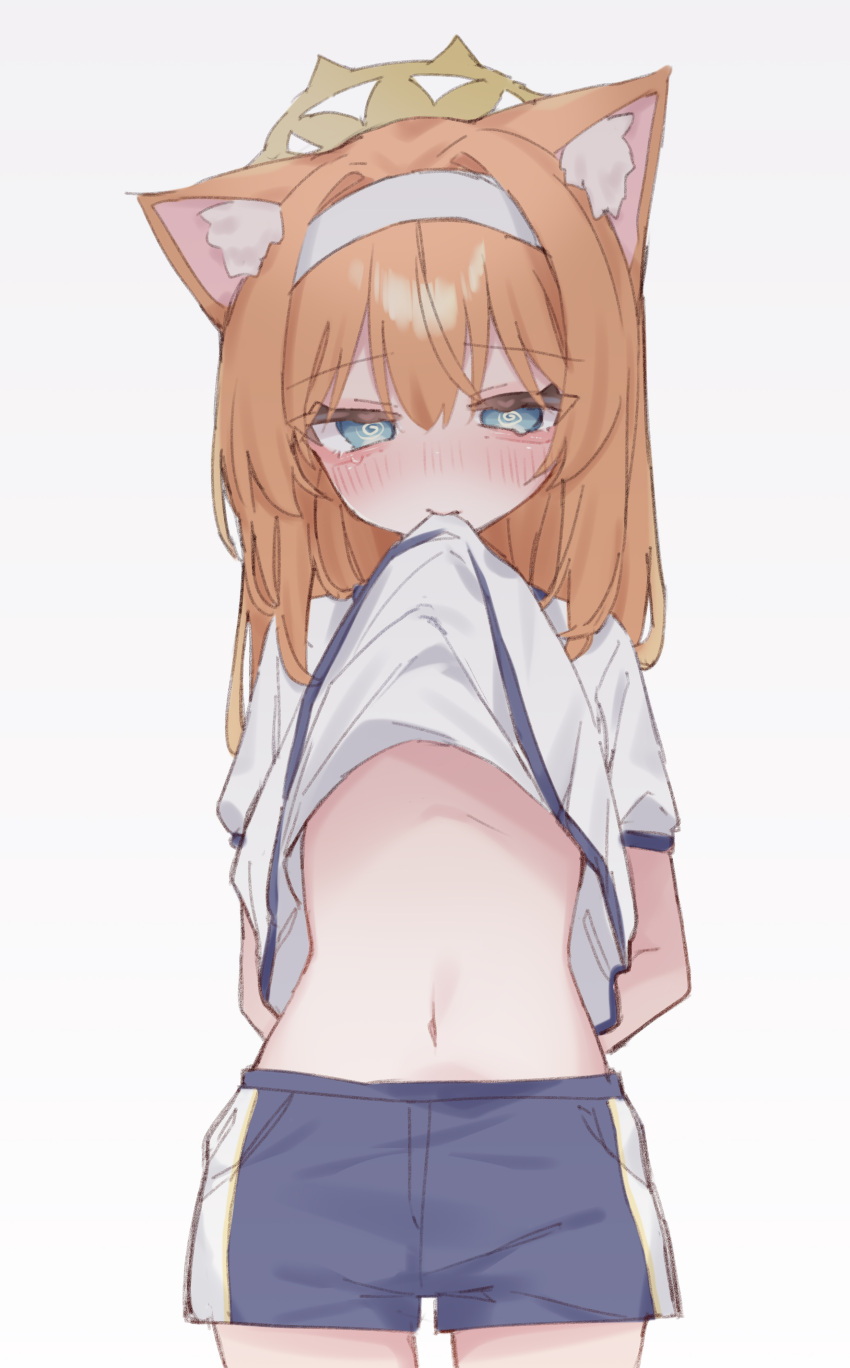 1girl @_@ absurdres animal_ear_fluff animal_ears arms_behind_back blue_archive blue_eyes blue_shorts blush clothes_lift commentary_request cowboy_shot fox_ears fox_girl gym_shirt gym_shorts hair_between_eyes hairband halo highres lifted_by_self long_hair mari_(blue_archive) mari_(track)_(blue_archive) mouth_hold navel nose_blush official_alternate_costume orange_hair shiroma_renri shirt shirt_lift short_shorts short_sleeves shorts simple_background solo white_background white_hairband white_shirt yellow_halo