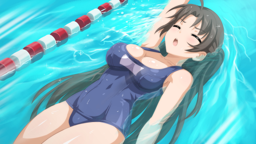 1girl arm_at_side armpits blue_one-piece_swimsuit blush breasts brown_hair bubble cleavage closed_eyes collarbone from_above game_cg hiromi_(sakura_swim_club) large_breasts long_hair name_tag non-web_source old_school_swimsuit one-piece_swimsuit open_mouth outstretched_arm pool sakura_swim_club school_swimsuit solo swimming swimsuit underwater wanaca water
