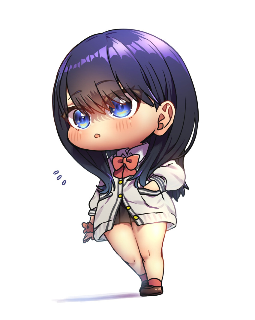 1girl :o arm_at_side black_hair black_skirt blue_eyes blush bow bowtie brown_footwear cardigan chibi collared_shirt commentary flying_sweatdrops full_body gridman_universe hair_between_eyes hand_in_pocket harumina_mau highres loafers long_hair long_sleeves looking_afar looking_ahead miniskirt orange_scrunchie parted_lips pleated_skirt red_bow red_bowtie red_socks school_uniform scrunchie shadow shirt shoes simple_background skirt socks solo ssss.gridman standing takarada_rikka white_background white_cardigan white_shirt wrist_scrunchie