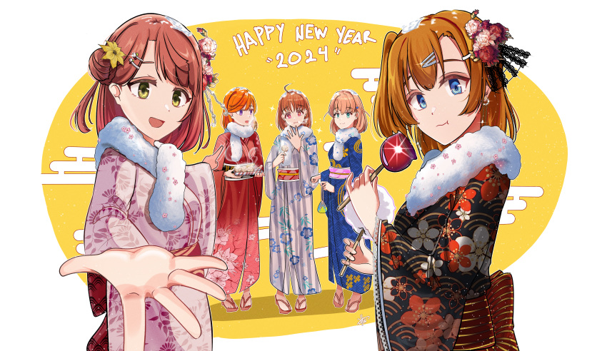 2024 5girls absurdres ahoge black_kimono blue_eyes blue_kimono candy_apple closed_mouth commentary earrings egasumi english_commentary floral_print flower food fur-trimmed_kimono fur_trim green_eyes hair_bun hair_flower hair_ornament hairclip happy_new_year highres hinoshita_kaho holding holding_food in-franchise_crossover japanese_clothes jewelry kimono kousaka_honoka link!_like!_love_live! long_sleeves looking_at_viewer love_live! love_live!_nijigasaki_high_school_idol_club love_live!_school_idol_project love_live!_sunshine!! love_live!_superstar!! medium_hair multiple_girls obi orange_hair pink_hair pink_kimono pointing pointing_at_another purple_eyes purple_kimono reaching reaching_towards_viewer red_eyes red_kimono sandals sash shibuya_kanon sidelocks signature single_side_bun smile sparkling_eyes standing swept_bangs takami_chika takoyaki uehara_ayumu upper_body wavy_mouth whin wide_sleeves yellow_eyes zouri