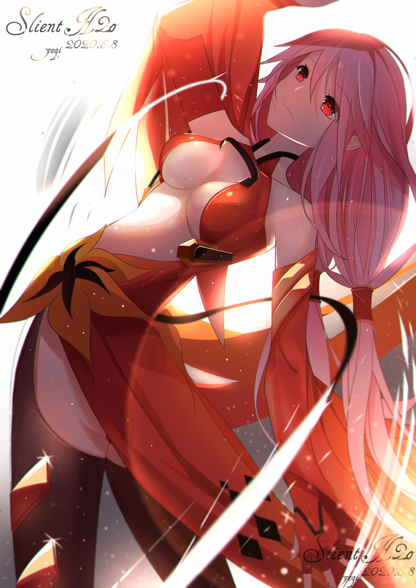 1girl bare_shoulders black_thighhighs bloom blurry breasts center_opening cleavage commentary_request dated depth_of_field detached_sleeves elbow_gloves expressionless fingerless_gloves glint gloves guilty_crown hair_ornament hairclip highres jijing_zishui leaning_back long_hair looking_afar medium_breasts outstretched_arms pink_hair red_eyes solo thighhighs twintails watermark white_background yuzuriha_inori