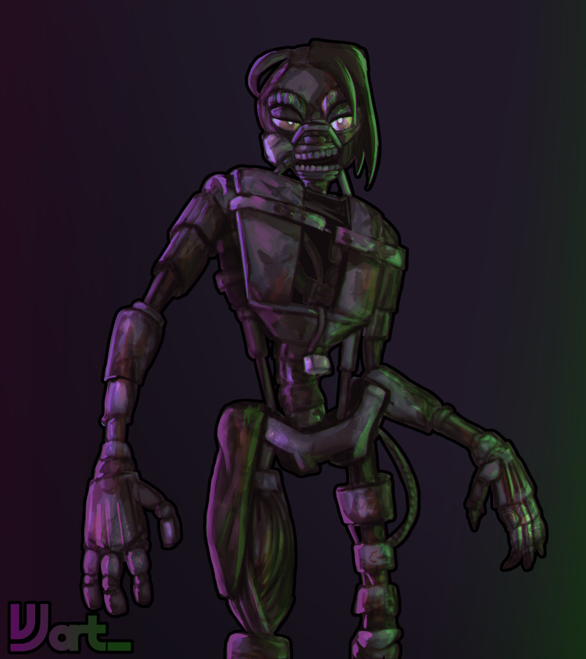 absurd_res ambiguous_gender animatronic barely_visible_genitalia chassis clawed_fingers claws clothed clothing emo emo_haircut endoskeleton five_nights_at_freddy's five_nights_at_freddy's:_security_breach five_nights_at_freddy's:_security_breach_ruin genitals glowing glowing_eyes green_and_purple hi_res humanoid hydraulics machine metal metallic_body mostly_nude robot robotic robotic_arm robotic_hand robotic_leg robotic_limb robotics rust scottgames segmented_arms segmented_body segmented_legs serving_cunt skimpy small_waist solo steel_wool_studios tall the_mimic_(fnaf) tube vjart vjsins