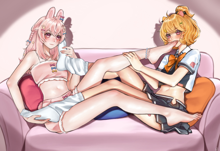 2girls animal_ears bare_legs barefoot bead_anklet blue_bow blush bow bowtie braid collared_shirt commission couch derivative_work eimi_isami feet full_body hair_bow hair_ornament hairclip highres holding holding_another's_foot indoors legs long_hair long_legs loose_socks medium_hair midriff multiple_girls navel nikishiko no_shoes on_couch open_mouth orange_bow orange_bowtie orange_hair phase_connect pink_bow pink_eyes pink_hair pink_shorts pipkin_pippa pixiv_commission rabbit_ears rabbit_girl shadow shirt short_shorts short_sleeves shorts signature sitting smile socks stomach toenails toes virtual_youtuber white_socks x_hair_ornament yuri