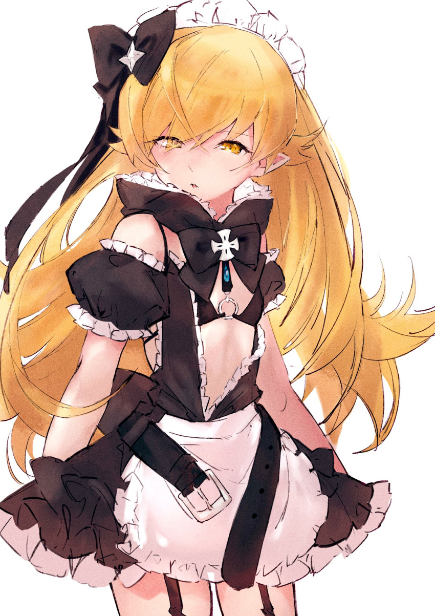 1girl apron armband belt belt_buckle black_bow black_bra black_dress blonde_hair bow bra buckle crossed_bangs dress fangs frilled_dress frills garter_straps hair_between_eyes hair_bow hair_ornament high_collar highres knees_out_of_frame long_hair looking_at_viewer maid maid_apron maid_headdress midriff moku_(muooku) monogatari_(series) oshino_shinobu parted_lips pointy_ears shiny_skin simple_background solo standing strapless strapless_dress turning_head underwear white_background yellow_eyes