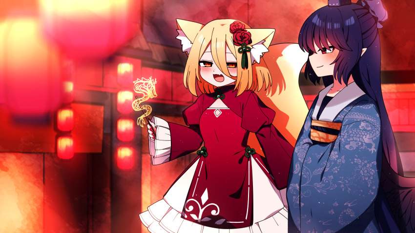 2girls absurdres alternate_costume animal_ear_fluff animal_ears black_hair blonde_hair blue_kimono blush dragon dragon_print eastern_dragon fang flower fox_ears fox_tail hair_between_eyes hair_flower hair_ornament highres iizunamaru_megumu japanese_clothes kimono kudamaki_tsukasa lantern long_sleeves multiple_girls nail_polish obi open_mouth orange_eyes paper_lantern red_eyes red_nails sash shrug_(clothing) skin_fang slit_pupils tail touhou you_(noanoamoemoe)