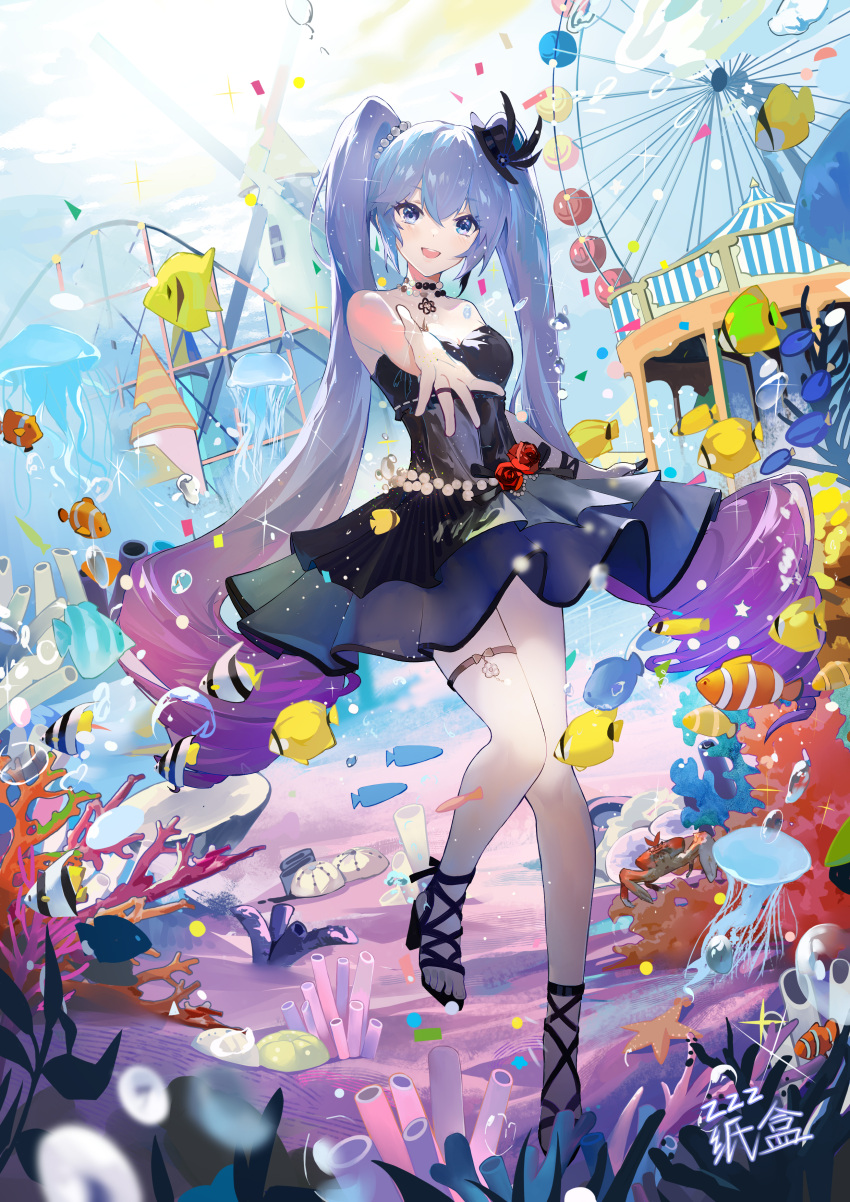 1girl :d a-soul absurdres air_bubble ankle_ribbon artist_name ava_(a-soul) bare_arms bare_shoulders bead_necklace beads black_dress black_footwear blue_eyes blue_hair bubble carousel clownfish coral dress ferris_wheel fish full_body highres jellyfish jewelry leg_ribbon leg_up long_hair looking_at_viewer necklace official_art open_hand outstretched_arm outstretched_hand ribbon ring roller_coaster sandals short_dress signature smile solo standing standing_on_one_leg strapless strapless_dress thigh_strap too_many_fish tropical_fish twintails underwater virtual_youtuber windmill zzz_zhi_he
