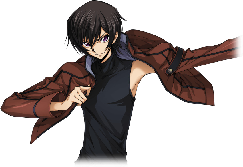 1boy arm_up armpits artist_request black_hair black_shirt brown_jacket closed_mouth code_geass code_geass:_lost_stories covered_collarbone cropped_torso dressing game_cg hair_between_eyes hand_up happy highres jacket lelouch_vi_britannia long_sleeves looking_at_viewer male_focus non-web_source official_art open_clothes open_jacket outstretched_arm purple_eyes putting_on_jacket shirt short_hair sidelocks simple_background sleeveless sleeveless_shirt smile solo standing transparent_background turtleneck_shirt upper_body v-shaped_eyebrows