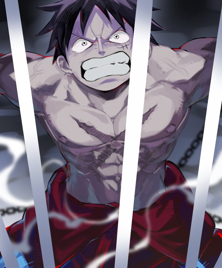1boy abs angry bars black_eyes black_hair chain cowboy_shot highres iron_bars looking_up male_focus monkey_d._luffy mrjieshisu muscular muscular_male nipples one_piece prison_cell restrained scar scar_on_cheek scar_on_chest scar_on_face short_hair solo topless_male v-shaped_eyebrows
