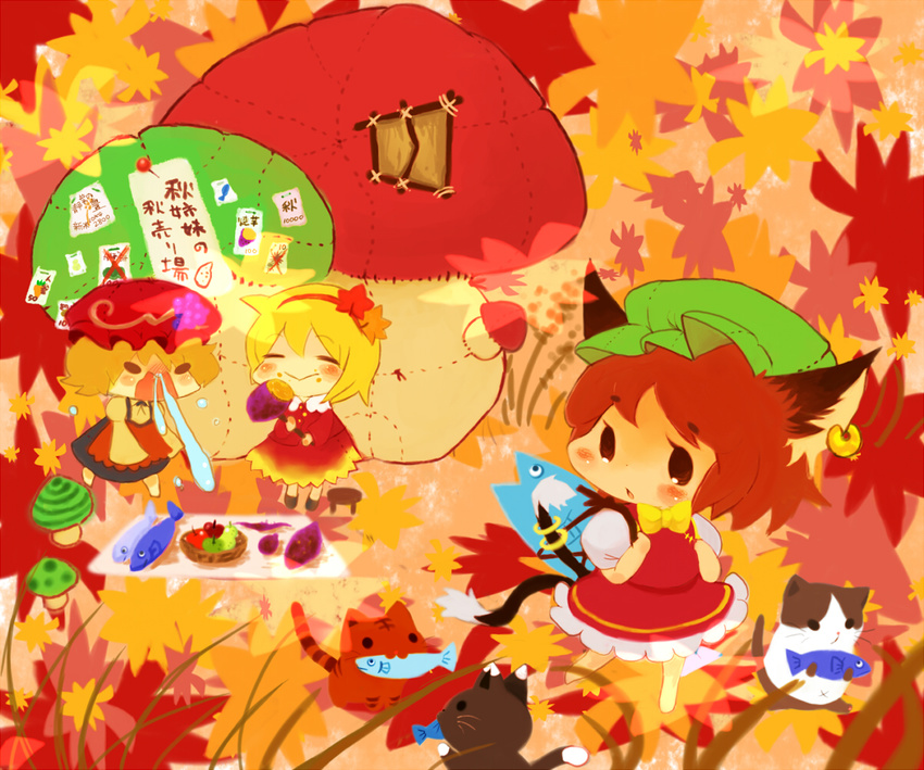 3girls aki_minoriko aki_shizuha autumn basket cat chen chibi eating fish food multiple_girls mushroom sneezing stool sweet_potato touhou