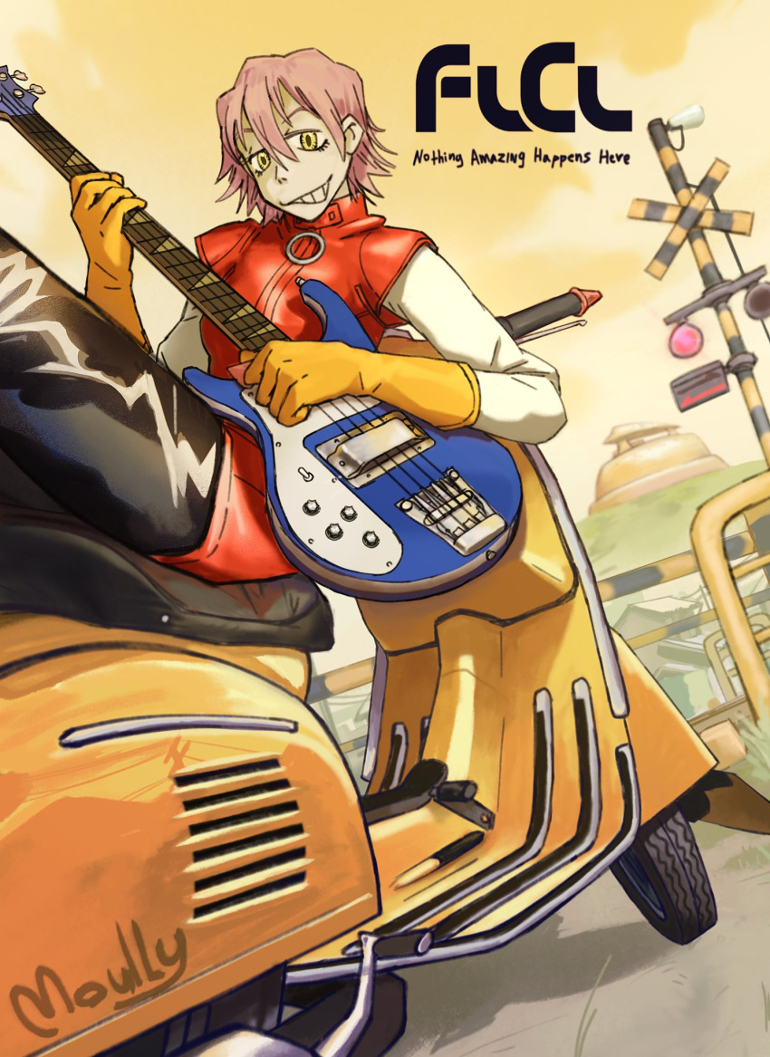 1girl 2000s_(style) artist_name flcl gloves guitar hair_between_eyes haruhara_haruko highres instrument motor_vehicle moully pink_hair scooter short_hair smile solo vespa yellow_gloves