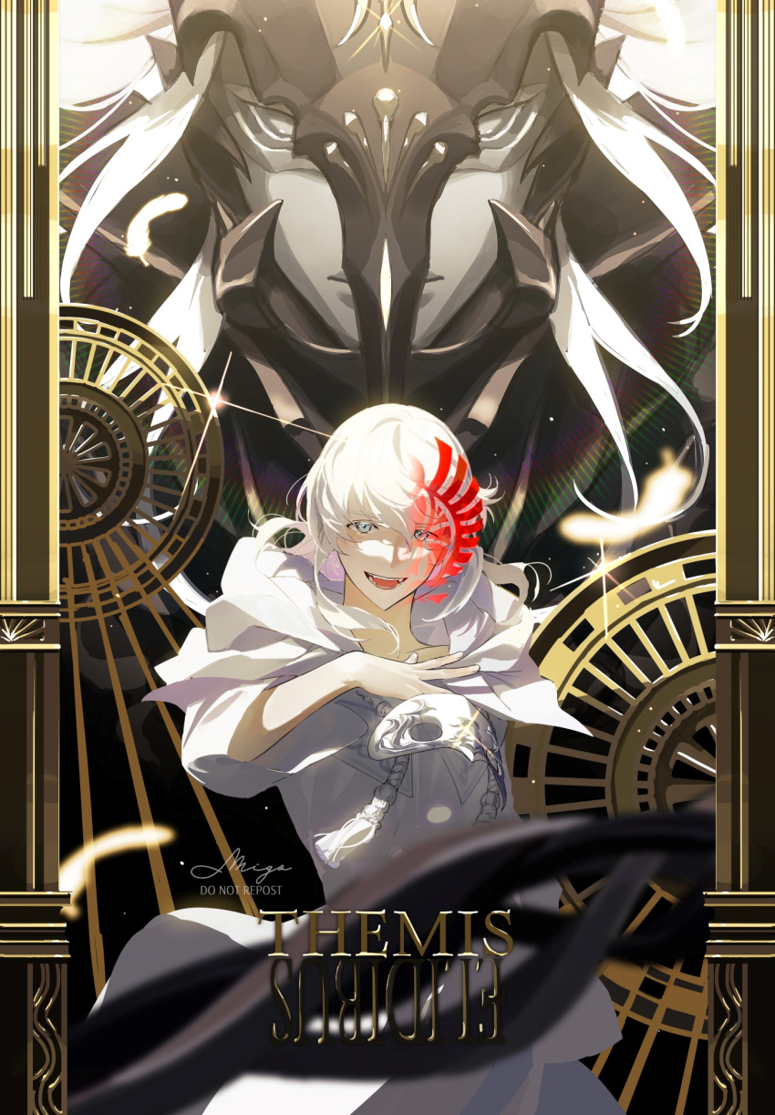 1boy :d dual_persona final_fantasy final_fantasy_xiv grey_eyes hand_on_own_chest highres looking_at_viewer mask mask_around_neck migo45 signature smile sophist's_robe_(ff14) standing tassel themis_(ff14) white_hair