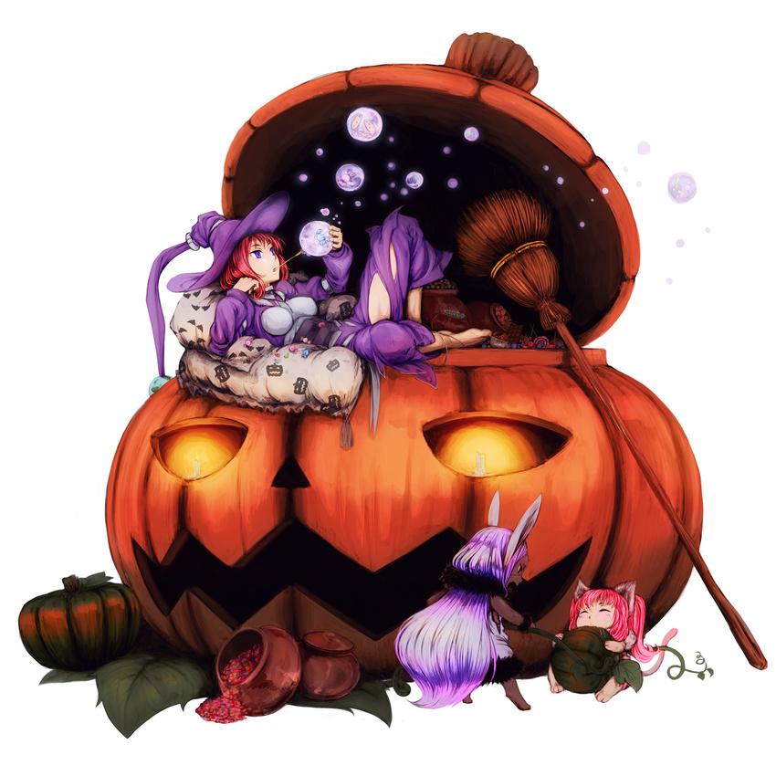 animal_ears broom bubble candy dark_skin food halloween hat highres jack-o'-lantern lying multiple_girls original pillow pumpkin purple_eyes purple_hair red_hair un witch witch_hat