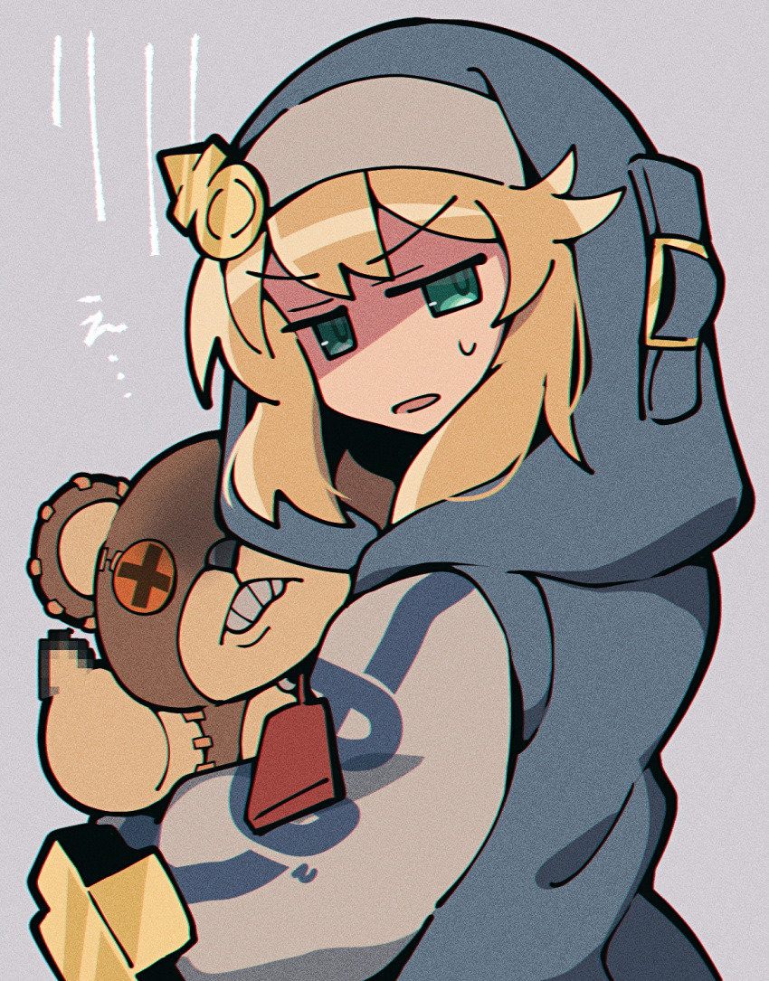 1boy androgyne_symbol blonde_hair bridget_(guilty_gear) censored censored_gesture green_eyes grey_background guilty_gear guilty_gear_strive habit highres hood hood_up hooded_jacket itsuka_neru jacket long_sleeves looking_at_viewer male_focus medium_hair middle_finger mosaic_censoring open_clothes open_mouth otoko_no_ko puffy_long_sleeves puffy_sleeves roger_(guilty_gear) solo stuffed_animal stuffed_toy teddy_bear