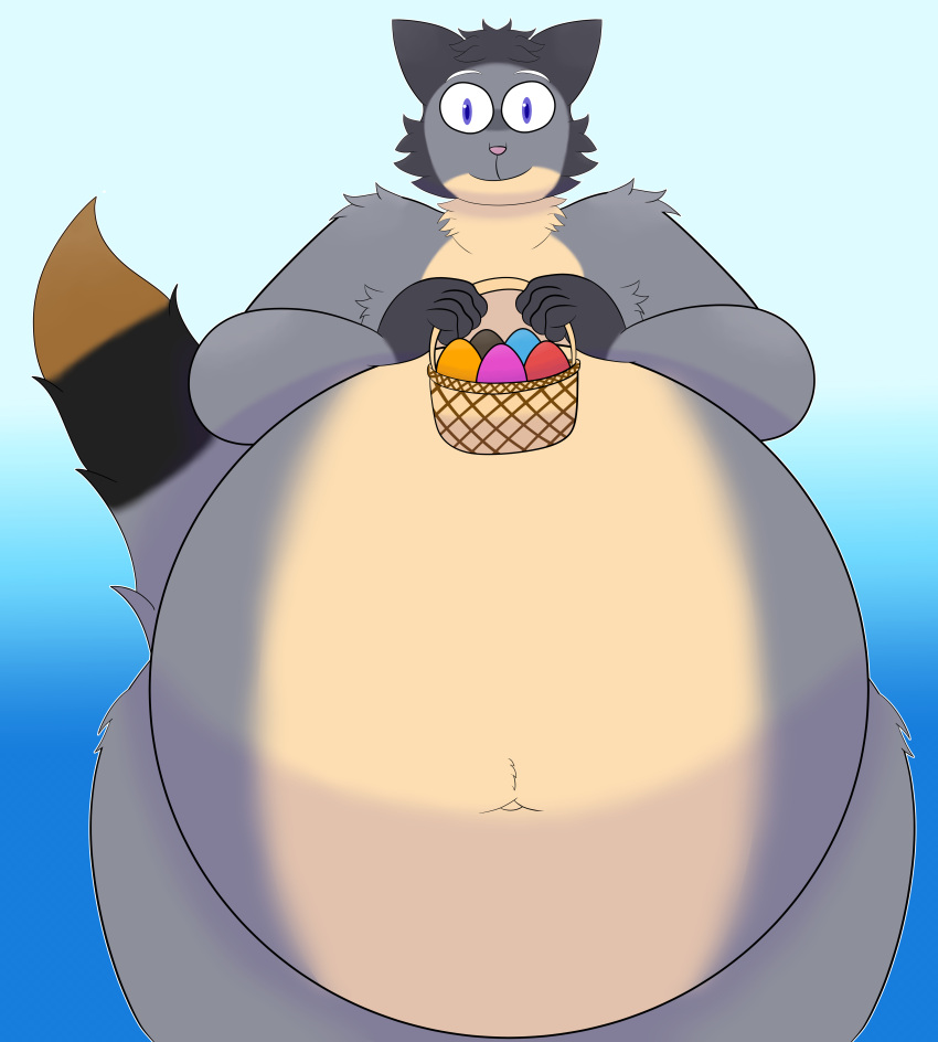 9xrenex9 absurd_res ambiguous_gender anthro basket belly big_belly container dipstick_tail easter easter_egg fur hi_res holidays hyper hyper_belly markings multicolored_body multicolored_fur seattle_tarin_(zeemid) smile solo tail tail_markings
