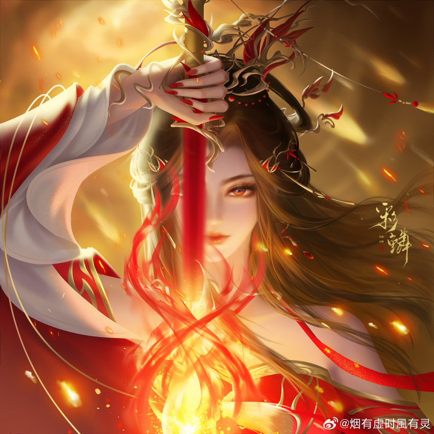 1girl absurdres artist_request bare_shoulders cai_lin_(doupo_cangqiong) closed_mouth covering_own_eyes doupo_cangqiong dress embers fire hair_ornament hand_up highres holding holding_sword holding_weapon long_hair red_dress red_eyes red_nails second-party_source smile solo sword weapon yanyuuxushi_fengyouling