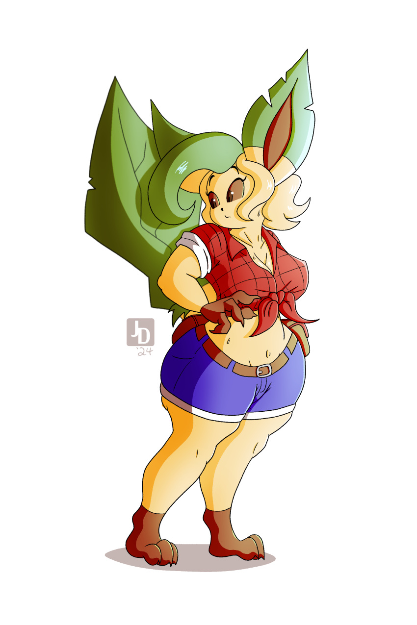 absurd_res anthro belly belt big_breasts bodily_fluids bottomwear breasts cleavage clothed clothing eeveelution female generation_4_pokemon hi_res invalid_background jared_dillon leafeon nintendo pokemon pokemon_(species) shaded shirt_knot shorts simple_shading solo sweat thick_thighs