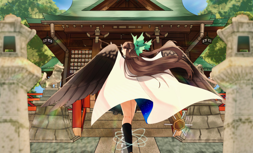 1girl absurdres asymmetrical_footwear bird_wings blue_sky bow brown_hair brown_wings cape commentary_request control_rod cosmos_0131 day frilled_skirt frills from_behind green_bow green_skirt gutter hair_bow highres komainu lantern long_hair looking_to_the_side mismatched_footwear paper_lantern red_eyes reiuji_utsuho shrine sidelocks skirt sky solo stairs starry_sky_print stone_lantern touhou tree walking white_cape wings