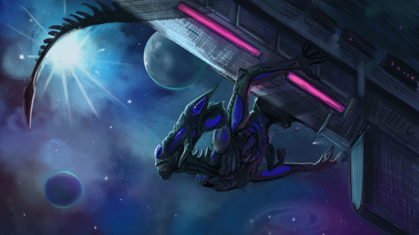 16:9 alien alien_(franchise) anthro hi_res male pinguinolog solo space spacecraft vehicle widescreen x3n xenomorph xenomorph_king