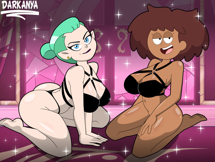 2023 5_toes absurd_res amphibia_(series) anne_boonchuy artist_name bedroom_eyes big_breasts big_butt black_clothing black_eyes black_thong black_underwear blue_eyes bottomless bottomless_female bottomless_human bra breasts brown_hair bubble_butt butt chest_harness clothed clothing curvy_figure dark_body dark_skin darkdpx3 detailed_background digital_drawing_(artwork) digital_media_(artwork) disney duo ear_piercing ear_ring eyelashes feet female hair harness hi_res human humanoid humanoid_pointy_ears inside kneeling looking_at_viewer mammal mature_female mature_human mature_humanoid narrowed_eyes navel not_furry odalia_blight open_mouth open_smile pale-skinned_female pale_skin piercing ring_piercing seductive skimpy skimpy_underwear smile the_owl_house thick_thighs thong toes turquoise_hair underwear voluptuous watermark wide_hips witch_(the_owl_house)
