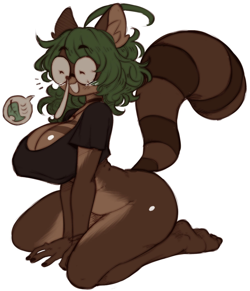 anthro big_breasts bottomless bottomless_female breasts brown_body brown_fur canid canine cleavage clothed clothing eyewear female fur glasses green_hair hair hi_res inner_ear_fluff mammal mochabaebae raccoon_dog solo tail tanuki topwear tuft