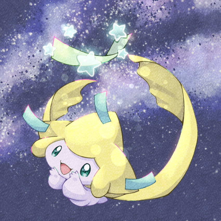 :d absurdres colored_skin floating full_body green_eyes highres jirachi milky_way night night_sky no_humans open_mouth pokemon pokemon_(creature) qixi_festival sky smile solo star_(sky) star_(symbol) tanabata white_skin yurika_(poire087)