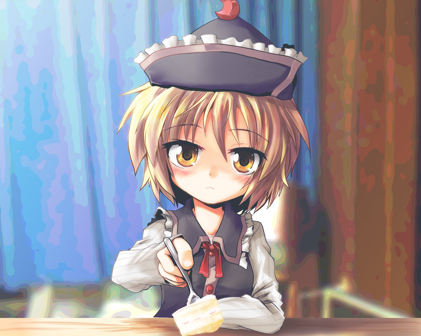 blonde_hair blush cake feeding food fork hat kotojima_motoki looking_at_viewer lunasa_prismriver pov_across_table pov_feeding short_hair solo table touhou upper_body yellow_eyes