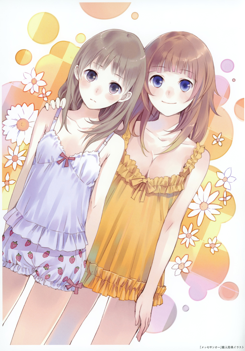 absurdres atelier_(series) atelier_rorona atelier_totori bloomers blue_eyes blush bow breasts brown_eyes brown_hair camisole cleavage flower food_print food_themed_clothes highres kishida_mel medium_breasts multiple_girls nightgown official_art orange_nightgown print_bloomers purple_eyes red_bow rororina_fryxell small_breasts smile strawberry_bloomers strawberry_print totooria_helmold underwear