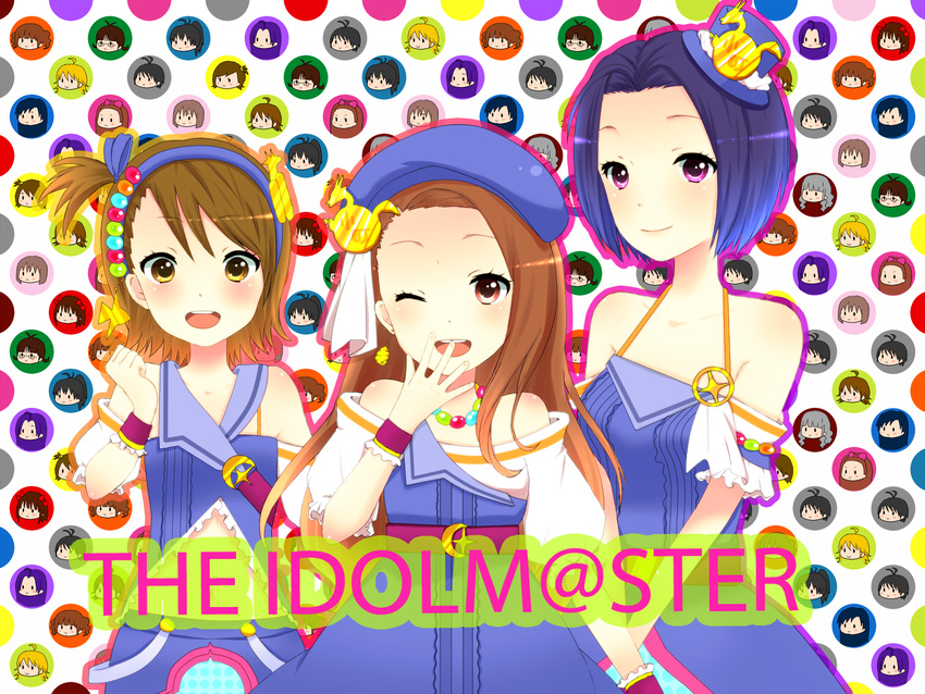 beret blue_hair brown_eyes brown_hair dragon dress futami_ami hat idolmaster idolmaster_(classic) idolmaster_2 long_hair michael_(aya-tokachi) minase_iori miura_azusa multiple_girls one_eye_closed palace_of_dragon_(idolmaster) red_eyes ryuuguu_komachi short_hair