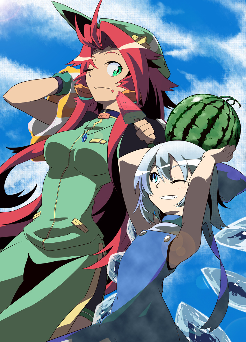 alternate_costume arms_up bike_shorts blue_eyes blue_hair bow braid china_dress chinese_clothes cirno dress fingerless_gloves food friends fruit gloves green_eyes grin hair_bow hat highres holding holding_food holding_fruit hong_meiling long_hair multiple_girls mutsuki_riichi one_eye_closed popsicle red_hair short_hair smile touhou twin_braids watermelon watermelon_bar wings