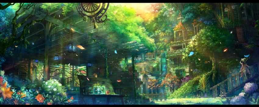 banner bell bench bird building cityscape colorful cross fence flower hat highres lamp lantern letterboxed long_image nature original overgrown petals ruins scenery solo squirrel stairs tree wide_image witch_hat yatsude