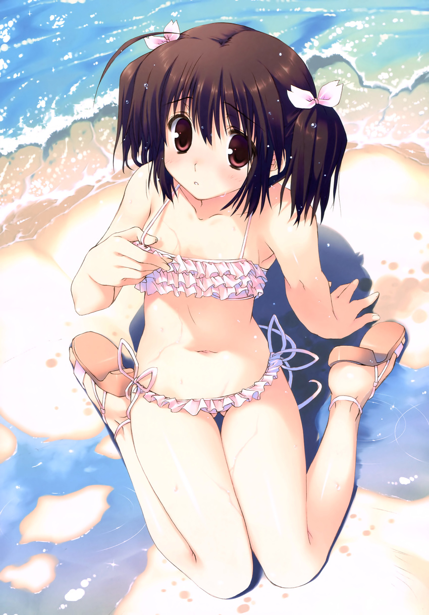 absurdres armpits beach bikini brown_hair day flat_chest frills hands highres kneeling mitsumi_misato outdoors red_eyes side-tie_bikini solo swimsuit to_heart_2 water yuzuhara_konomi